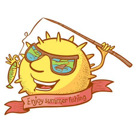 Cute doodle sun character with banner and fishing rodのイラスト素材