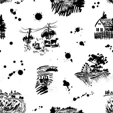 Black and white seamless rural landscapeのイラスト素材