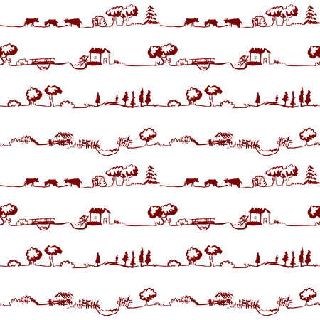 Artistic seamless pattern with rural line landscapeのイラスト素材