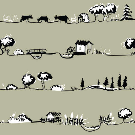 Artistic seamless pattern with rural line landscapeのイラスト素材