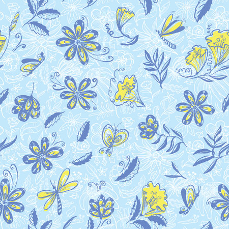 Doodle floral seamless pattern with butterflyのイラスト素材