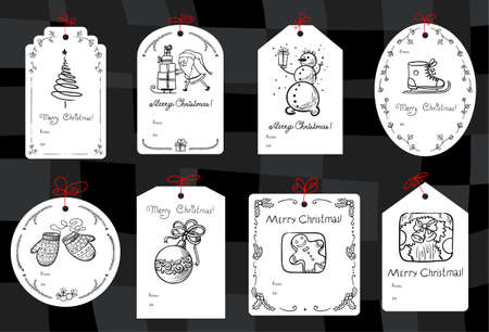 Christmas set with minimalistic black and white gift tagsのイラスト素材