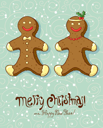 Christmas card with gingerbread boy and girlのイラスト素材