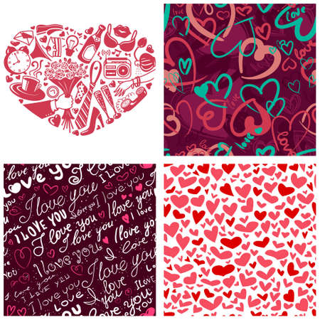 Valentine's Day set (heart silhouette cover illustration and 3 complementary  seamless patterns)のイラスト素材