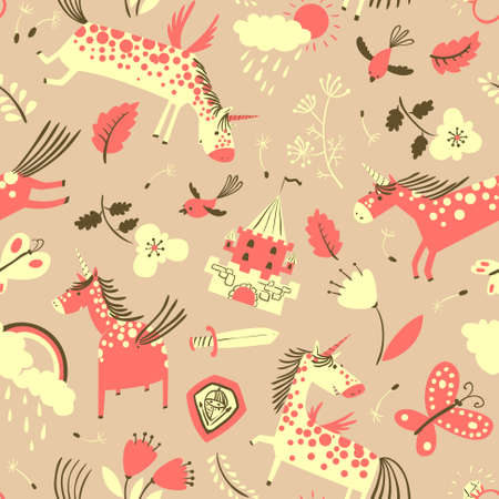 Magic doodle unicorns seamless patternのイラスト素材