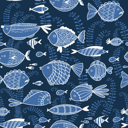 Vector line art doodle illustration. Cute seamless pattern  background with fishes in cartoon styleのイラスト素材