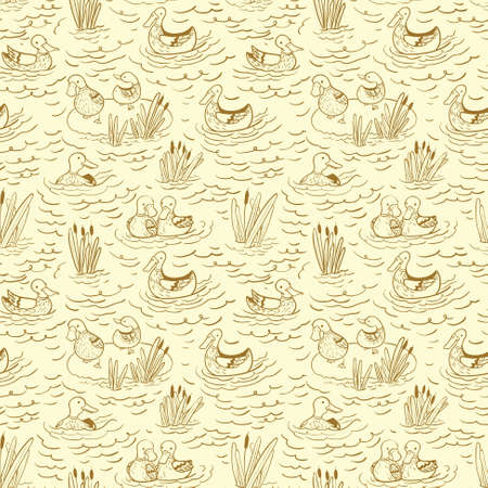 Vector doodle line art seamless pattern illustration with ducks and reed on waterのイラスト素材