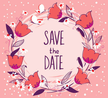 Doodle vector illustration wedding sketchy floral wreath with butterfliesのイラスト素材