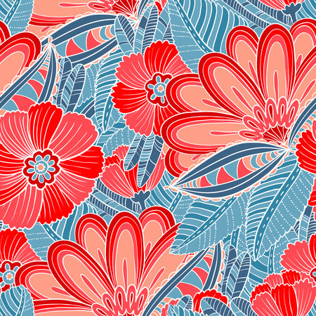 Vector colorful seamless pattern with decorative flowers and leaves in doodle line art styleのイラスト素材