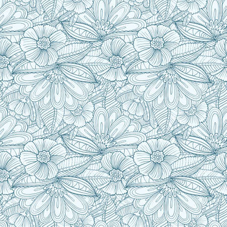 Vector seamless pattern with decorative flowers and leaves in doodle line art styleのイラスト素材