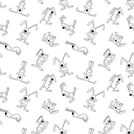 Black and white simplicity seamless pattern with rabbits in doodle children's style, vector illustration best for textile designのイラスト素材