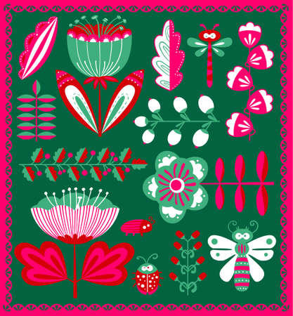 Cartoon floral decorative design elements set with bugs and dragonfly, vector illustration collectionのイラスト素材