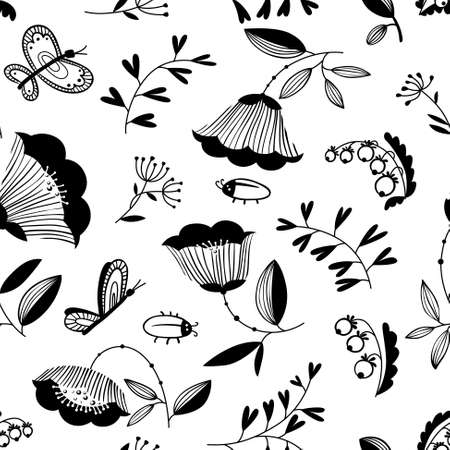 Vector summer doodle decorative seamless background with flowers, bugs and butterfly in cartoon styleのイラスト素材