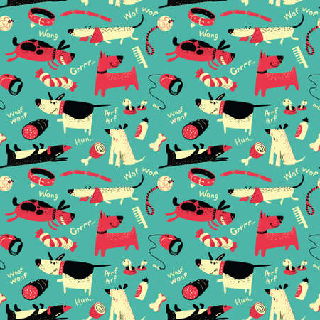 Cute vector seamless pattern with cartoon funny dogs and their ammunitionのイラスト素材