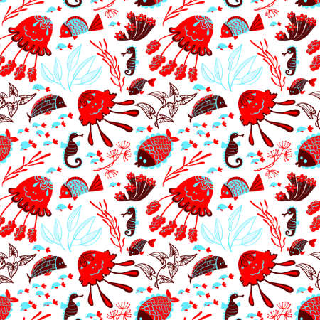 Vector seamless pattern with marine underwater life. Background with cute fish, jellyfish and seahorse in cartoon styleのイラスト素材