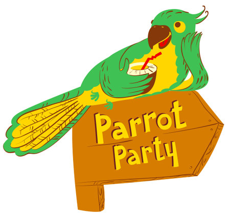 Vector illustration with cartoon green parrot with cocktail on wooden designator to the partyのイラスト素材