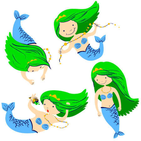 cartoon illustration set with cute mermaidsのイラスト素材