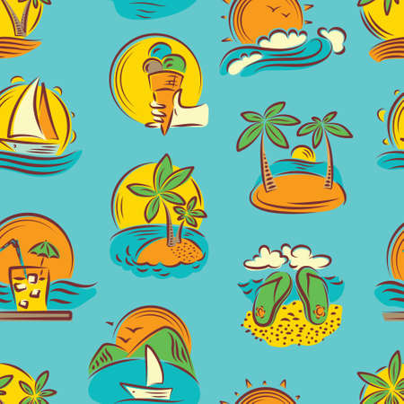 Vector seamless pattern with tropical landscape and summer paradiseのイラスト素材