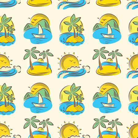 Idyllic cartoon vector seamless pattern with tropical paradise islands and palmsのイラスト素材