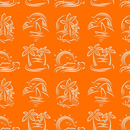 Idyllic doodle vector seamless pattern with tropical paradise islands and palmsのイラスト素材