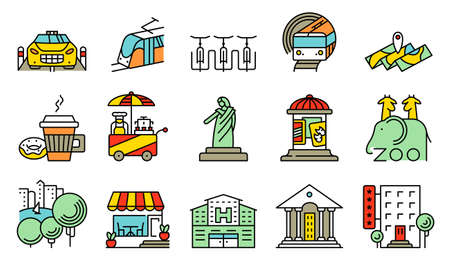 Vector line simple and thin locations and city icons setのイラスト素材