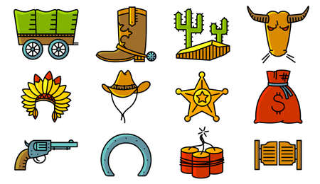 Vector line art minimalistic thin and simple cowboy and western  icons setのイラスト素材