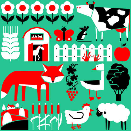 Vector cute flat set with farm objects and animalsのイラスト素材