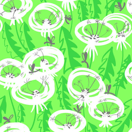 Vector floral seamless pattern with doodle dandelions and dragonflyのイラスト素材