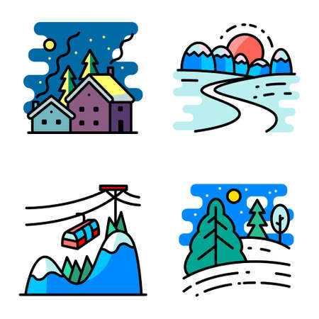 Vector colorful thin simply icons set with winter cute landscapes in line art styleのイラスト素材