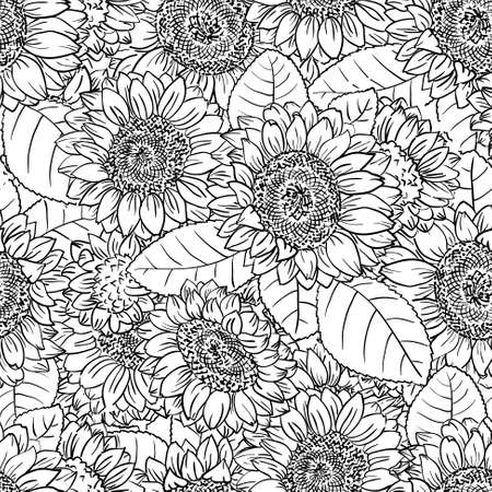Vector black and white seamless pattern with sunflowers in doodle styleのイラスト素材