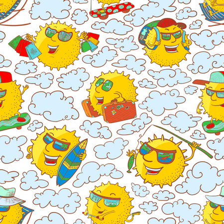 Vector doodle seamless pattern with sun characters in summer activity