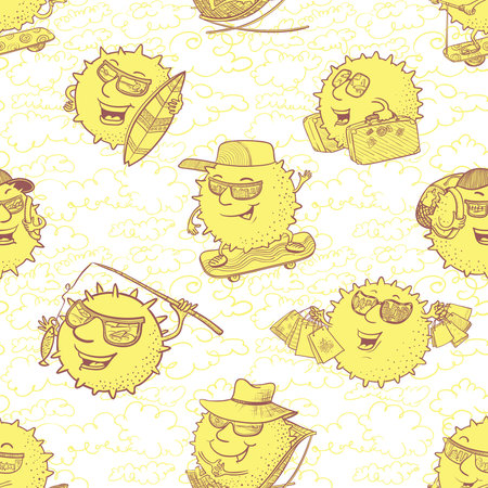 Vector doodle seamless pattern with sun characters and summer activity