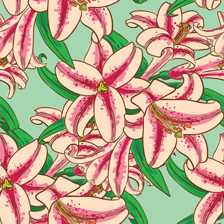 Vector seamless pattern with lily flowers in doodle line art styleのイラスト素材