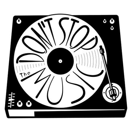 Retro turntable silhouette. Vector isolated illustration with vinyl records in black and white minimalistic style. Lettering hand-drawn composition Don't stop the music. Design elementのイラスト素材