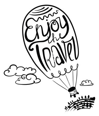 Typographical poster with hand-drawing lettering composition. Enjoy travel callygraphic text in air balloon silhouette in the high sky and clouds. Retro decorative backgroun with cute illustrationのイラスト素材
