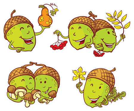 Cartoon set with acorn characters with rowan berries, mushrooms, maple leaf and pumpkin. Fall season illustrationのイラスト素材