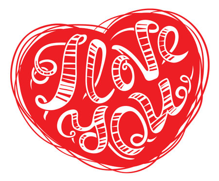 I love you lettering composition. Hand-drawn calligraphic letters in red heart silhouette. Valentine day and wedding invitation design elementのイラスト素材