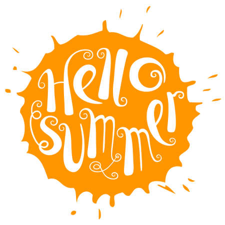 Hello summer lettering composition. Inspirational quote with hand-drawn artistic letters. Line art doodle vector illustration with sun silhouette. Design element for seasonal posters, t-shirts and greeting cardsのイラスト素材