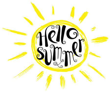 Hello summer lettering composition. Inspirational quote with hand-drawn artistic letters. Line art doodle vector illustration with sun silhouette. Design element for seasonal posters, t-shirts and greeting cardsのイラスト素材
