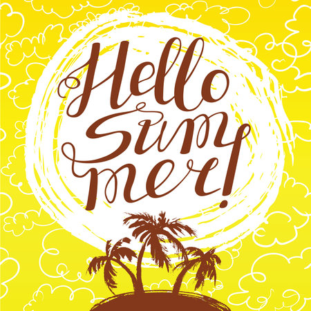 Hello summer lettering composition. Inspirational quote with hand-drawn artistic letters. Line art doodle vector illustration with sun and tropical island with palms silhouette. Design element for seasonal posters, t-shirts and greeting cardsのイラスト素材