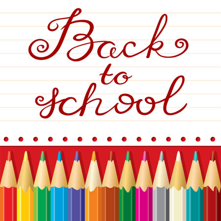 Back to school hand drawing calligraphy lettering. Educational background with pencils and paper backdropのイラスト素材