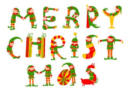 Merry Christmas hand drawing vector lettering. The letters silhouettes are drawn in the form of the Christmas elves with bells, gifts, cane candies, deer, cocktail glass. Cute design element for winter seasonal backgrounds, posters and cardsのイラスト素材