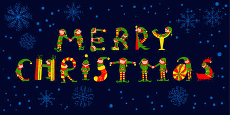 Merry Christmas hand drawing vector lettering. The letters silhouettes are drawn in the form of the Christmas elves with bells, gifts, cane candies, deer, cocktail glass. Cute design element for winter seasonal backgrounds, posters and cardsのイラスト素材