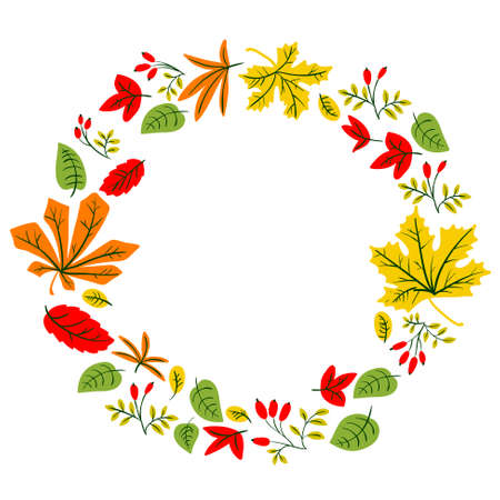 Fall season wreath. Vector design with doodle colorful leaves and berries of wild rose . Element for cards, posters and seasonal backgrounds. Isolated on whiteのイラスト素材