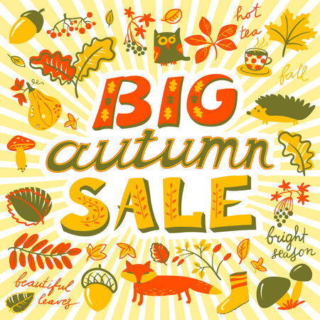Big autumn sale lettering. Fall season background with plants - acorn, marple and oak leaf, animals - owl, hedgehog, fox, crop fruits - grape, mushroom, pumpkin. Design for seasonal posters and cardsのイラスト素材