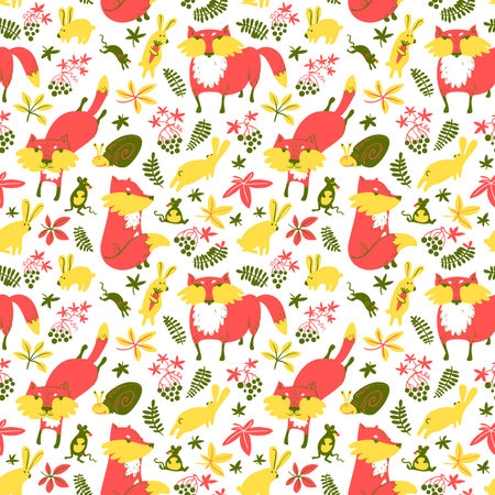 Woodland wild animals and autumn season nature plants seamless pattern. Fall vector background with fox, rabbit, mouse, snail, leaves and berries in childish cartoon style.のイラスト素材