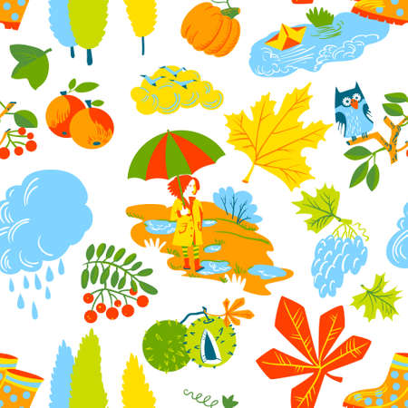 Red hair girl with umbrella, paper boat in the puddle, rainy cloud, owl on rowan branch, pumpkin, colorful autumn  leaves with chestnuts seamless pattern. Vector background with fall season nature objects.のイラスト素材