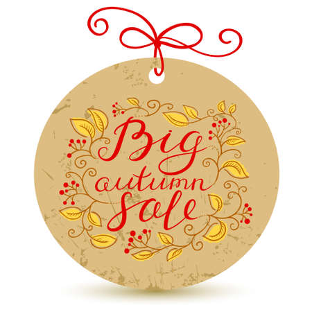 Big autumn sale hand drawn calligraphic lettering with floral elements. Shopping fall season tag with leaves and berries on grunge backgroundのイラスト素材