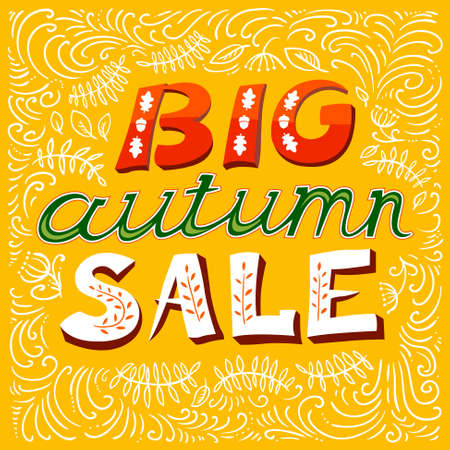 Big autumn sale lettering. Fall season background with leaves. Design elements for posters, cards and labelsのイラスト素材