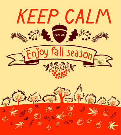 Keep calm and enjoy autumn inspirational quote with cute landscape. Design element and lettering for fall season cards, backgrounds and postersのイラスト素材